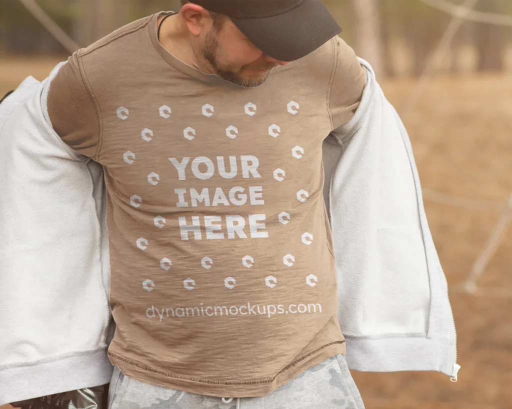 Man Wearing Tan Sweatshirt Mockup Front View Template