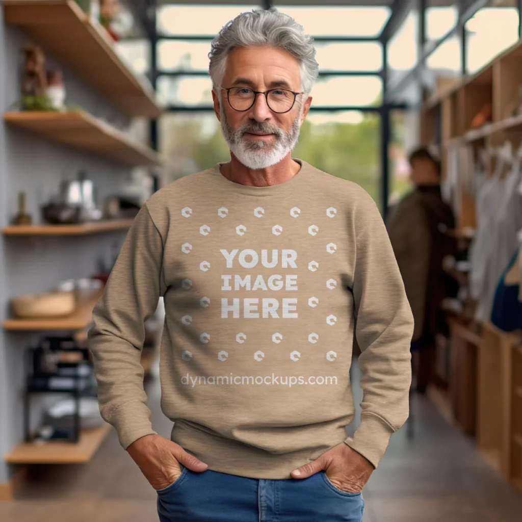 Man Wearing Tan Sweatshirt Mockup Front View Template