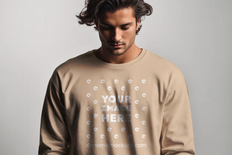 Man Wearing Tan Sweatshirt Mockup Front View Template