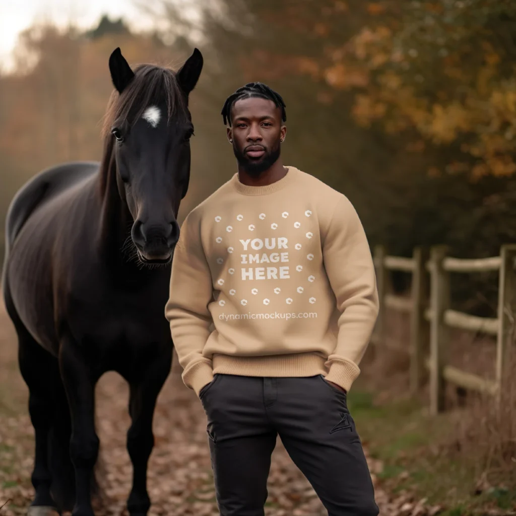 Man Wearing Tan Sweatshirt Mockup Front View Template