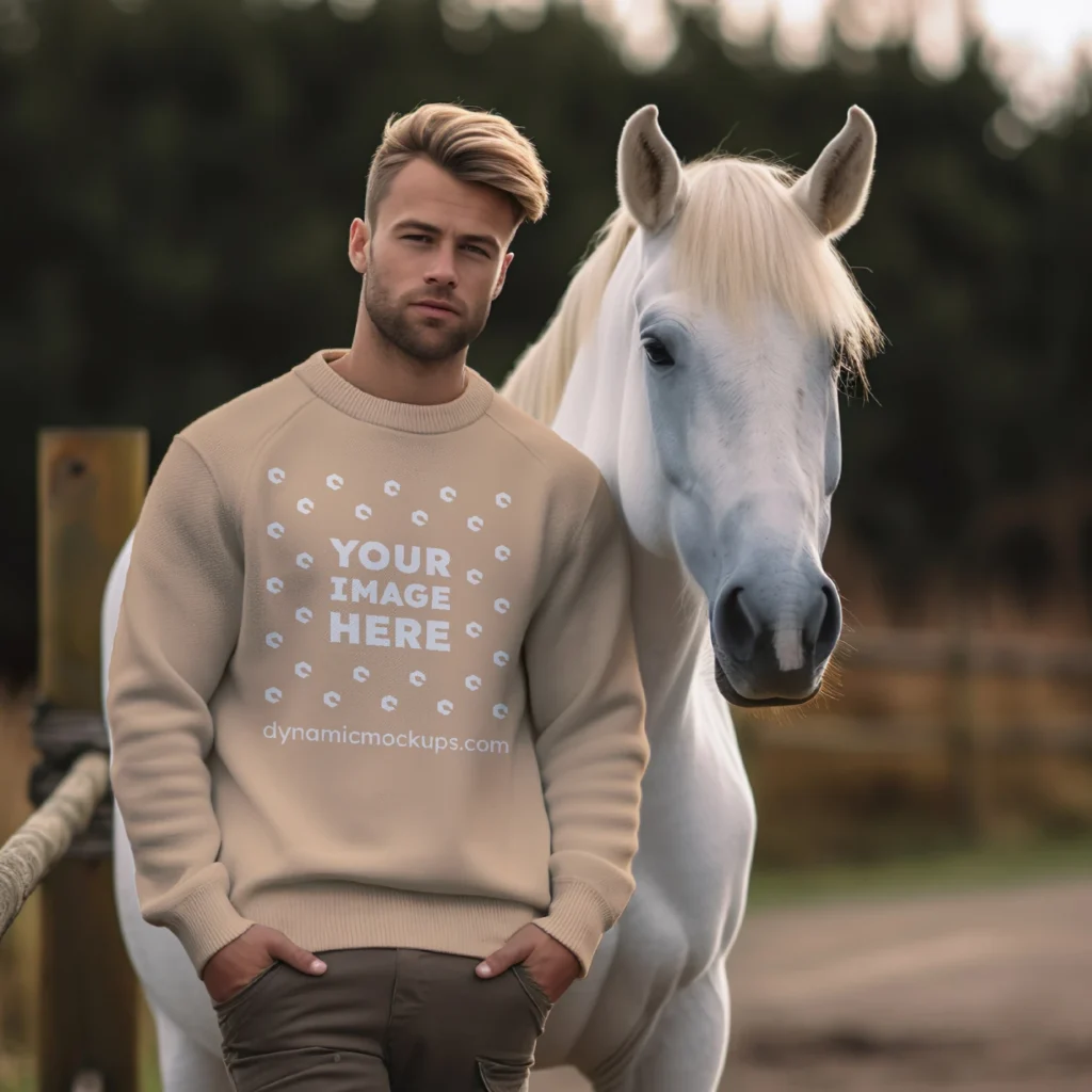 Man Wearing Tan Sweatshirt Mockup Front View Template