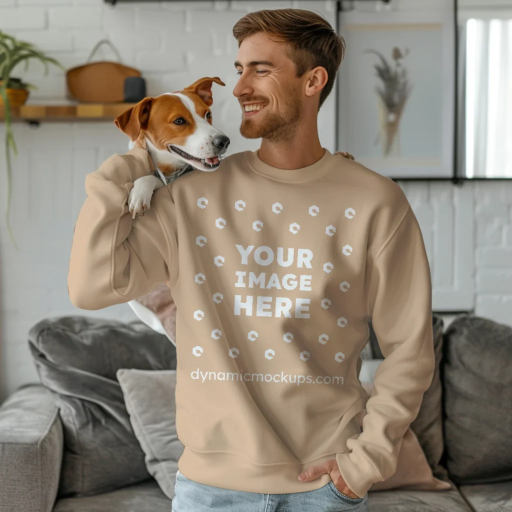 Man Wearing Tan Sweatshirt Mockup Front View Template