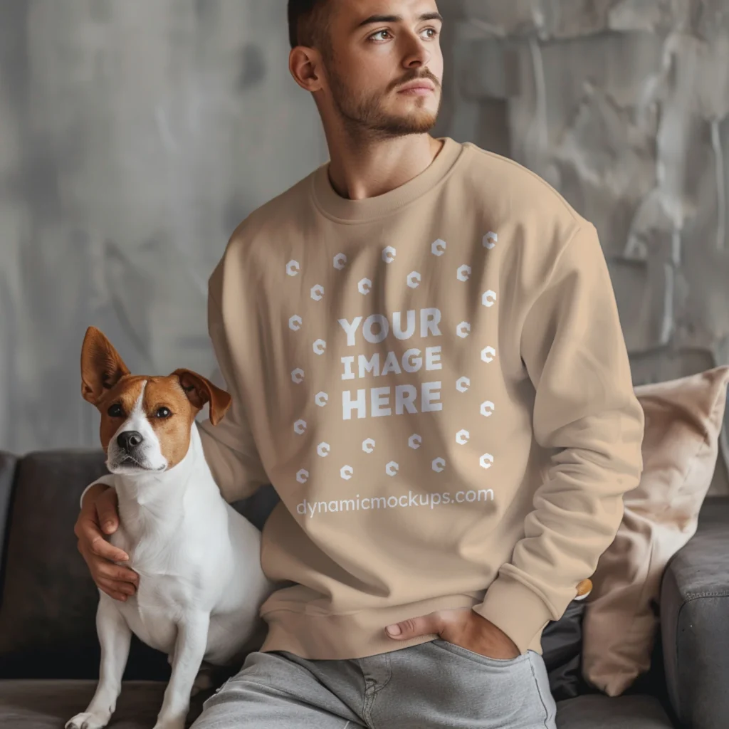 Man Wearing Tan Sweatshirt Mockup Front View Template