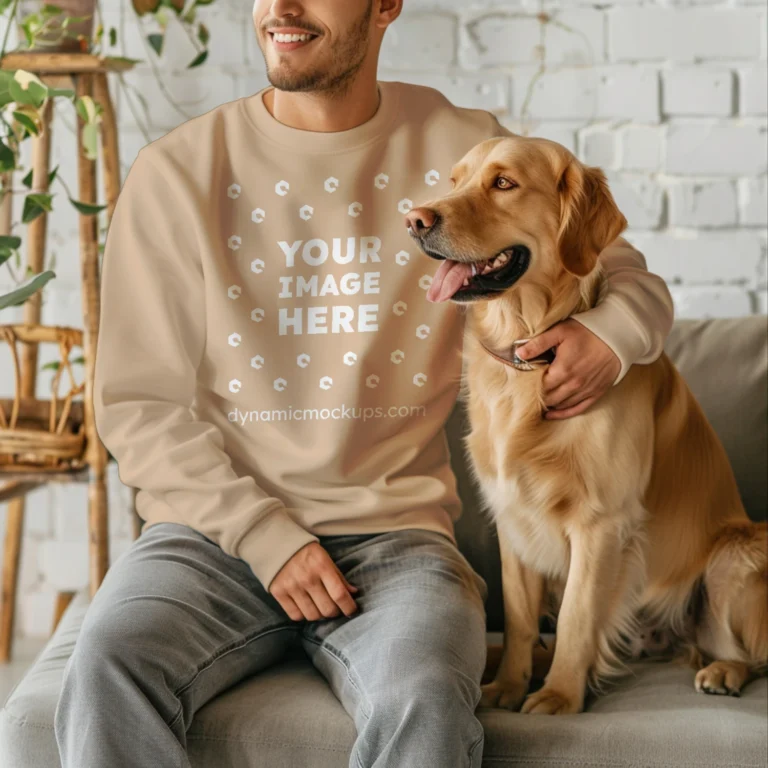 Man Wearing Tan Sweatshirt Mockup Front View Template