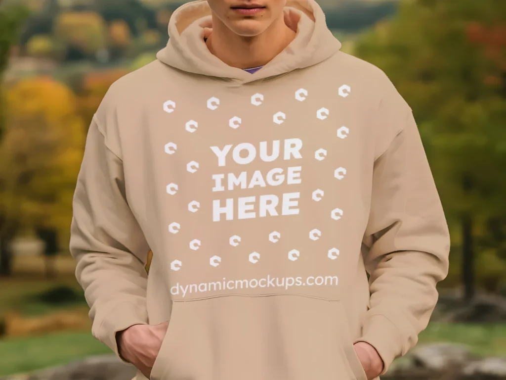 Man Wearing Tan Hoodie Mockup Front View Template