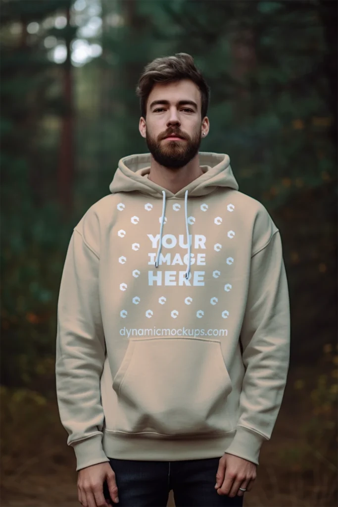 Man Wearing Tan Hoodie Mockup Front View Template