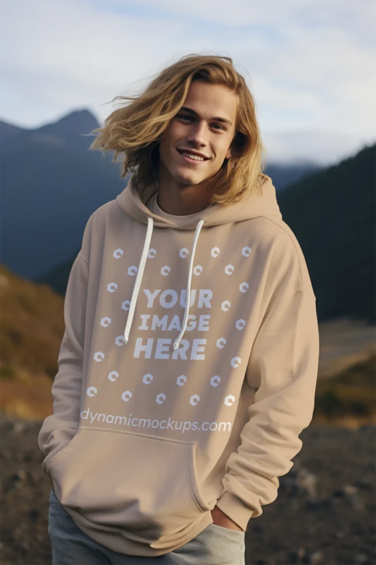 Man Wearing Tan Hoodie Mockup Front View Template