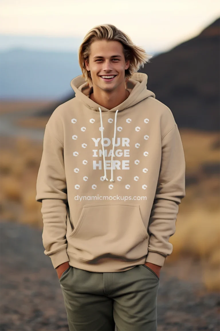 Man Wearing Tan Hoodie Mockup Front View Template