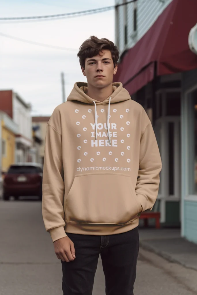 Man Wearing Tan Hoodie Mockup Front View Template