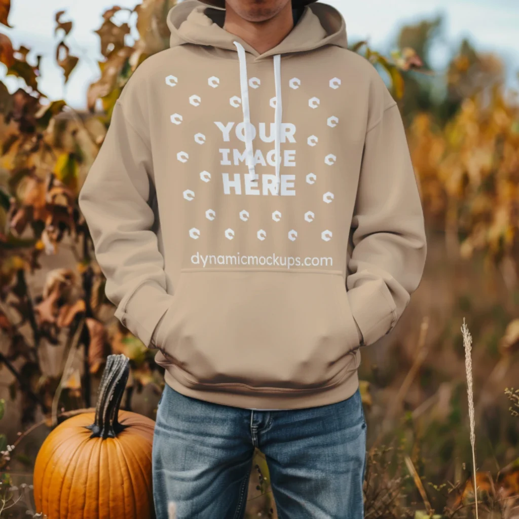 Man Wearing Tan Hoodie Mockup Front View Template