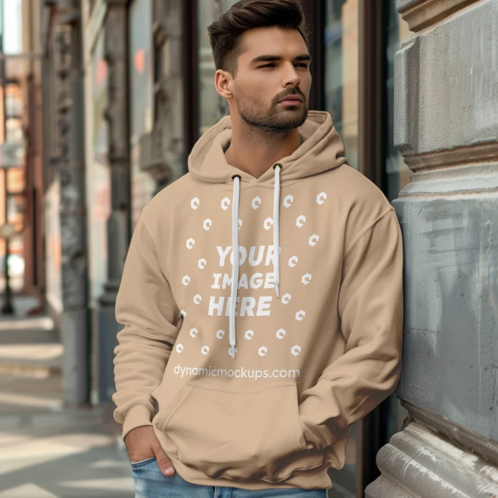 Man Wearing Tan Hoodie Mockup Front View Template