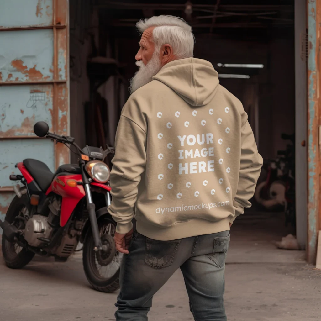 Man Wearing Tan Hoodie Mockup Back View Template