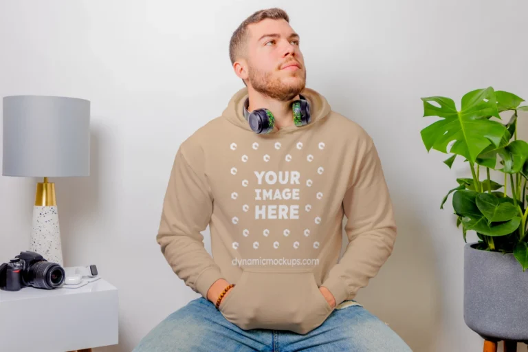 Man Wearing Tan Hoodie Mockup Front View Template