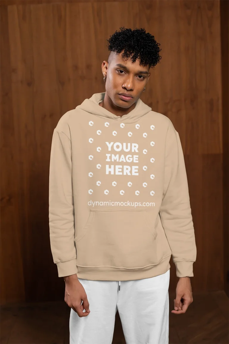 Man Wearing Tan Hoodie Mockup Front View Template