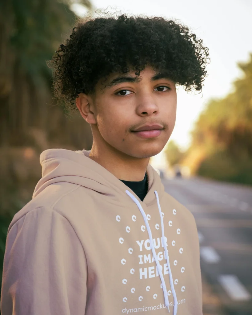 Man Wearing Tan Hoodie Mockup Front View Template