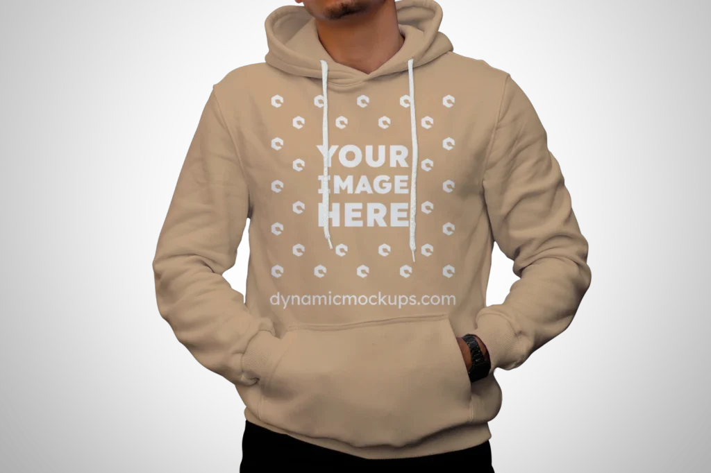 Man Wearing Tan Hoodie Mockup Front View Template