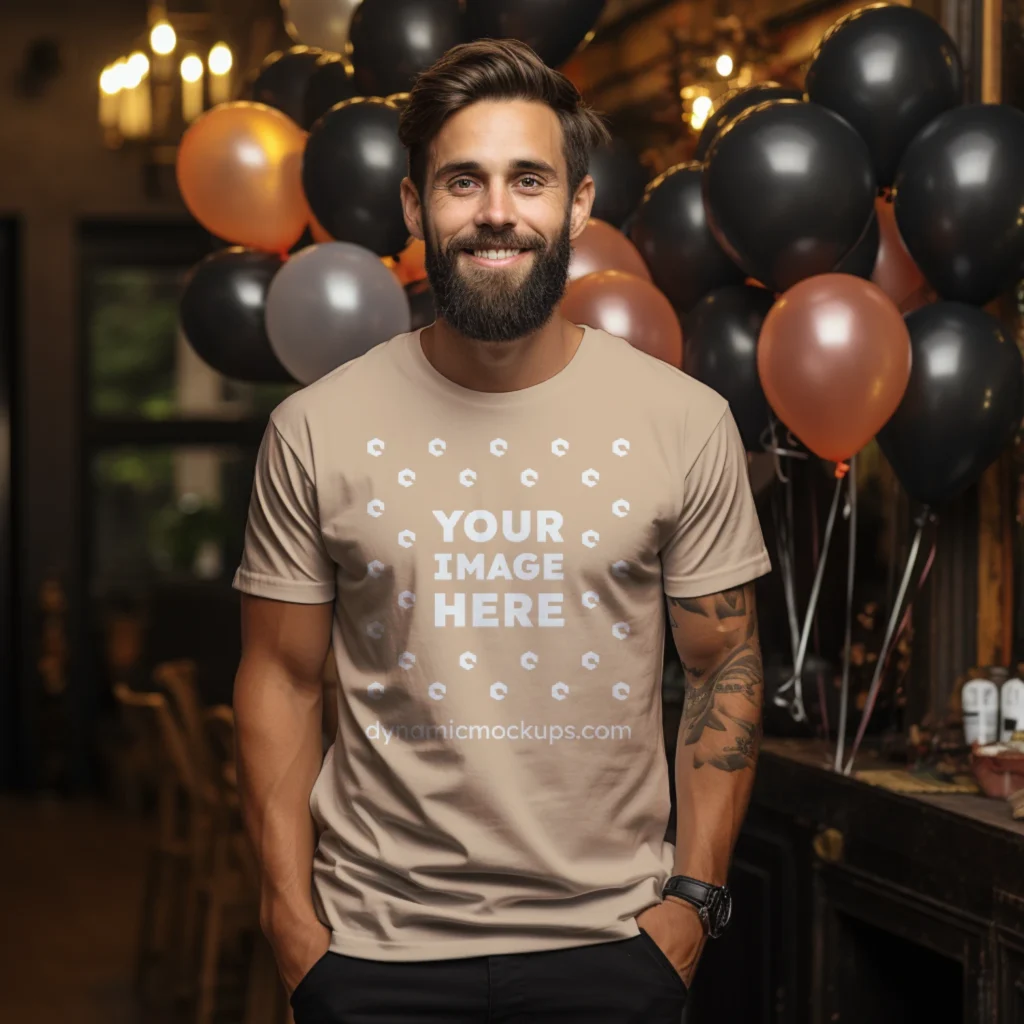 Man Wearing Tan T-shirt Mockup Front View Template