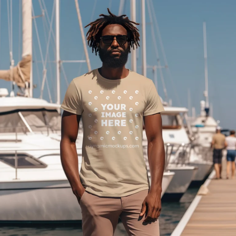 Man Wearing Tan T-shirt Mockup Front View Template