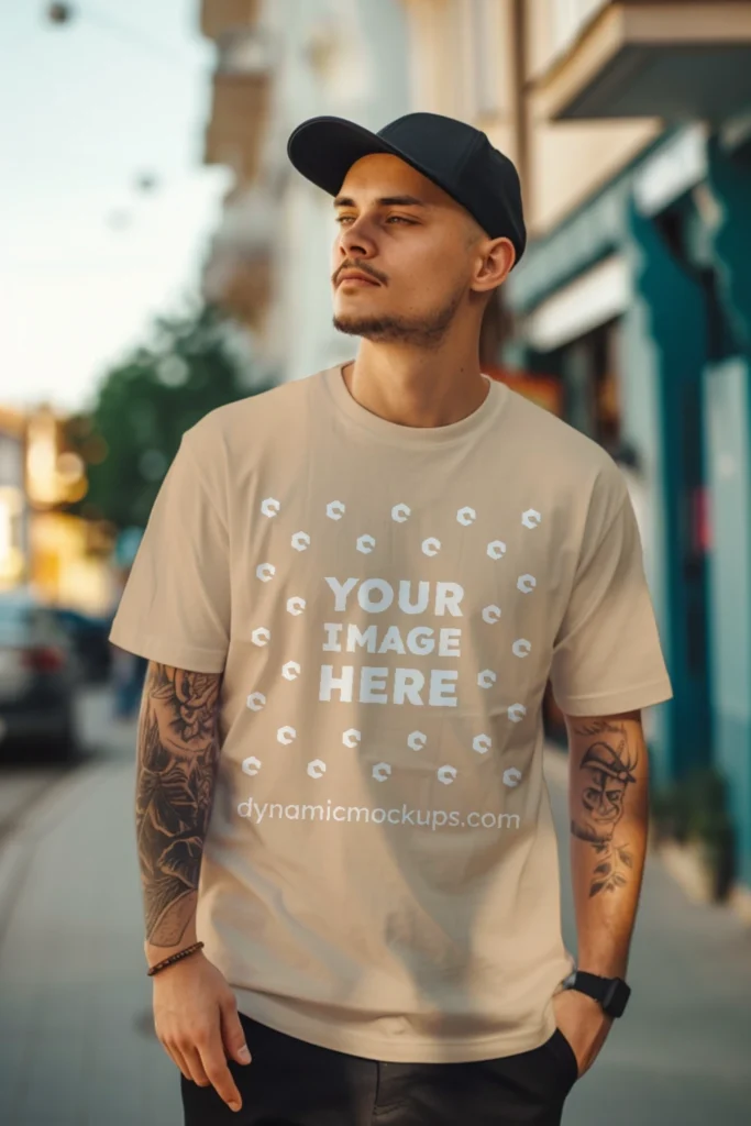 Man Wearing Tan T-shirt Mockup Front View Template