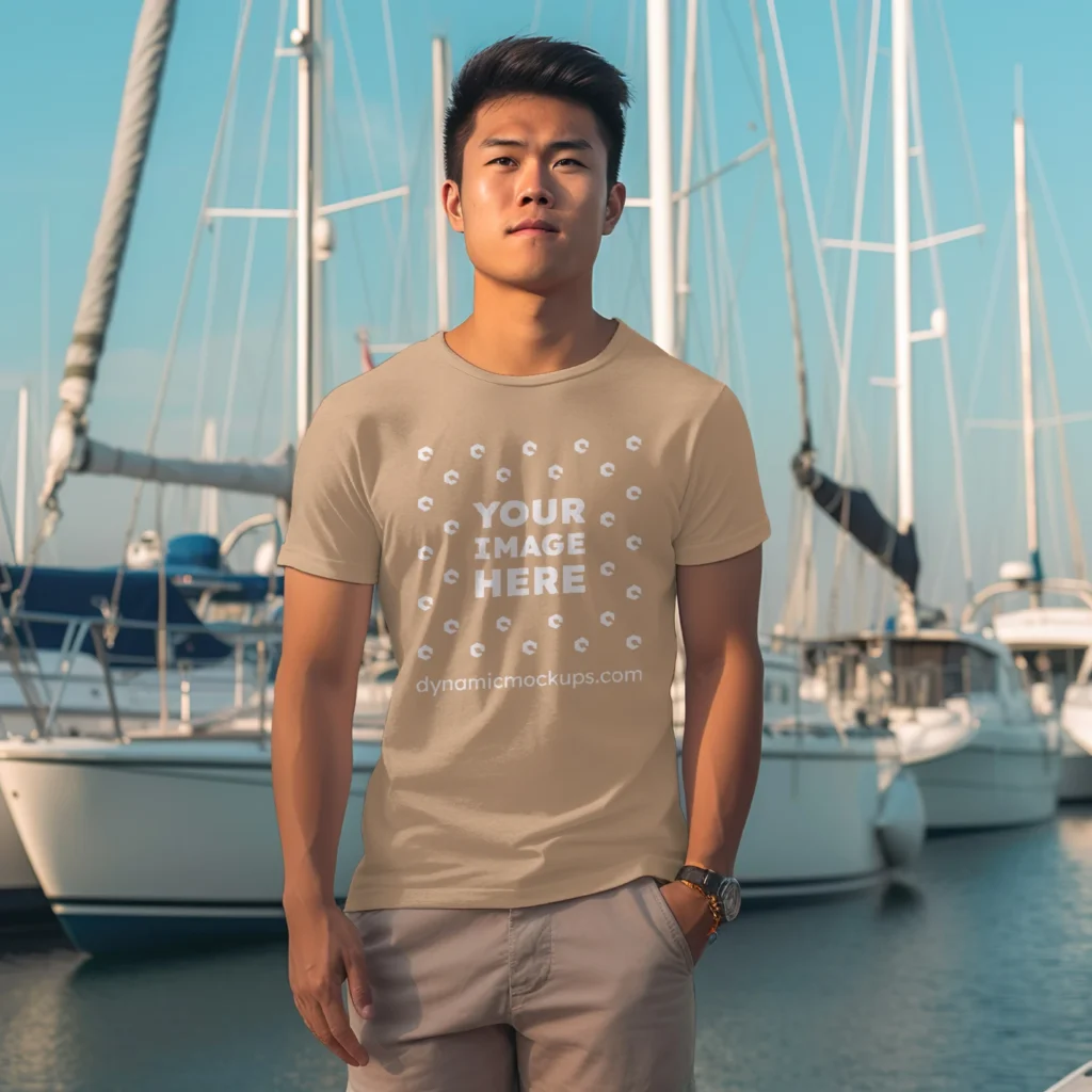 Man Wearing Tan T-shirt Mockup Front View Template