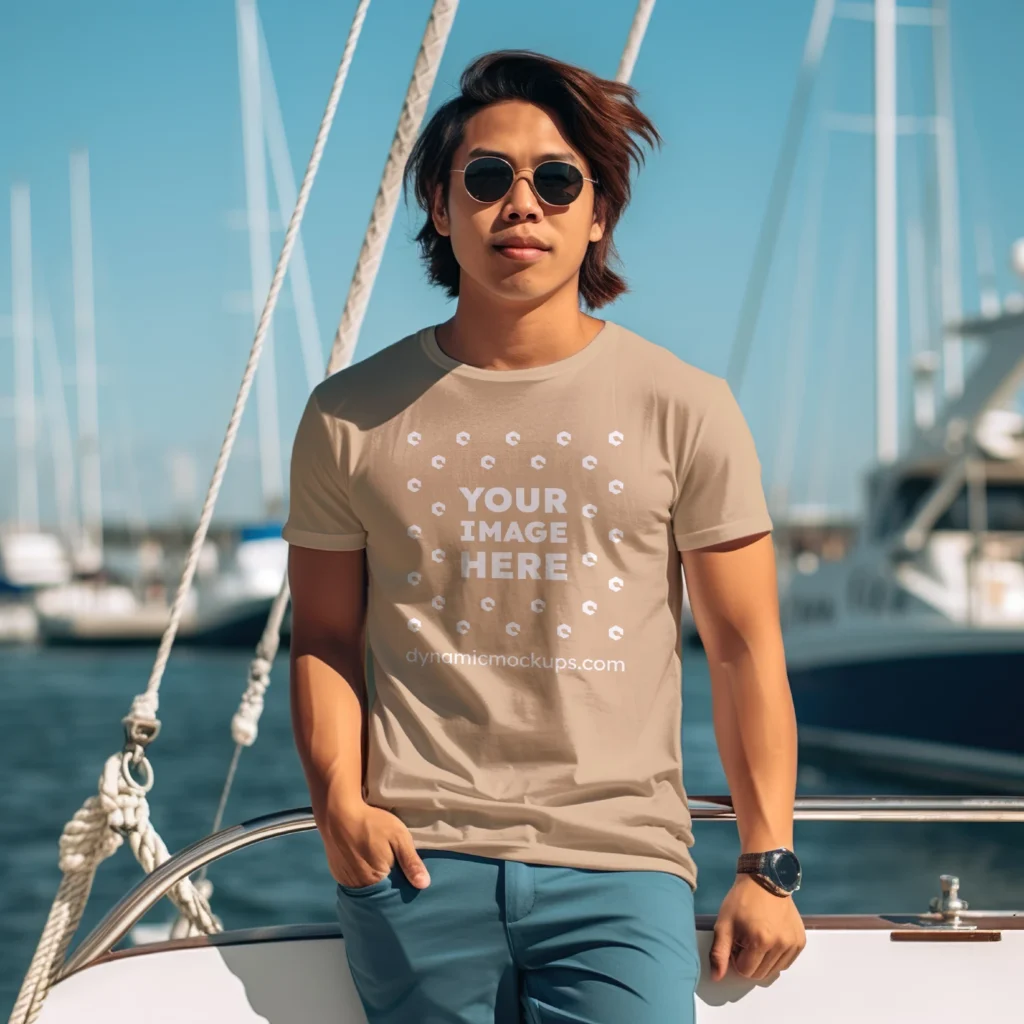 Man Wearing Tan T-shirt Mockup Front View Template