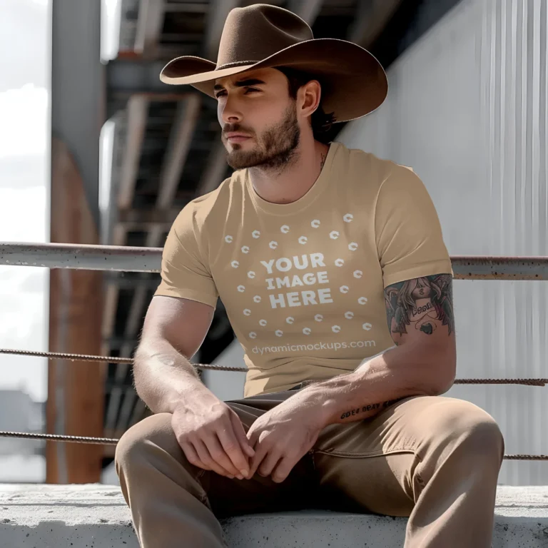 Man Wearing Tan T-shirt Mockup Front View Template