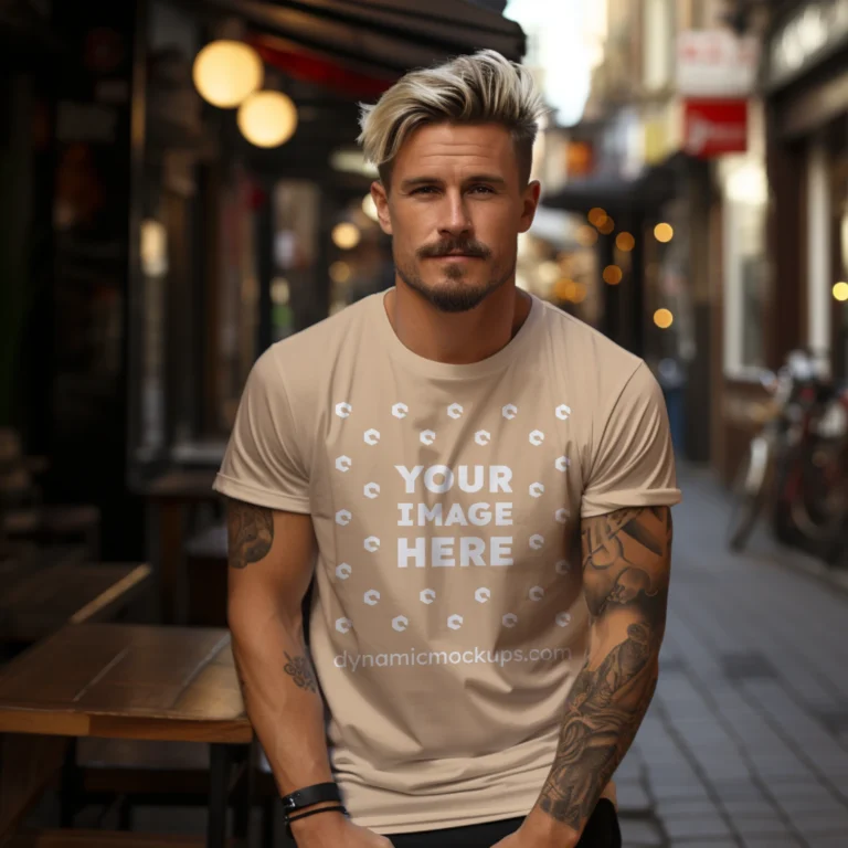 Man Wearing Tan T-shirt Mockup Front View Template