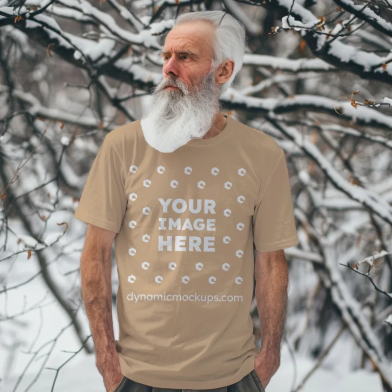 Man Wearing Tan T-shirt Mockup Front View Template