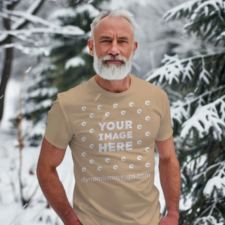 Man Wearing Tan T-shirt Mockup Front View Template