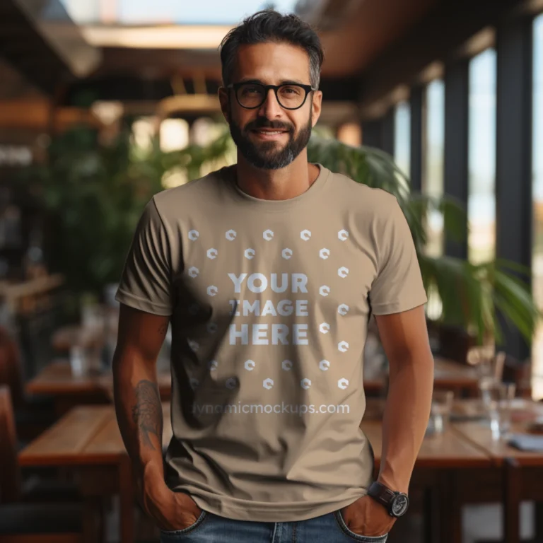 Man Wearing Tan T-shirt Mockup Front View Template