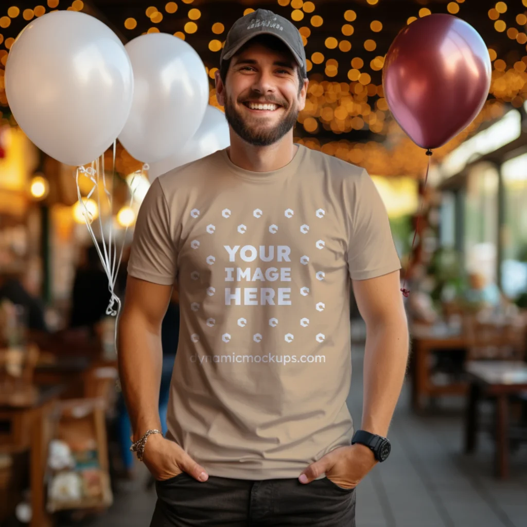 Man Wearing Tan T-shirt Mockup Front View Template