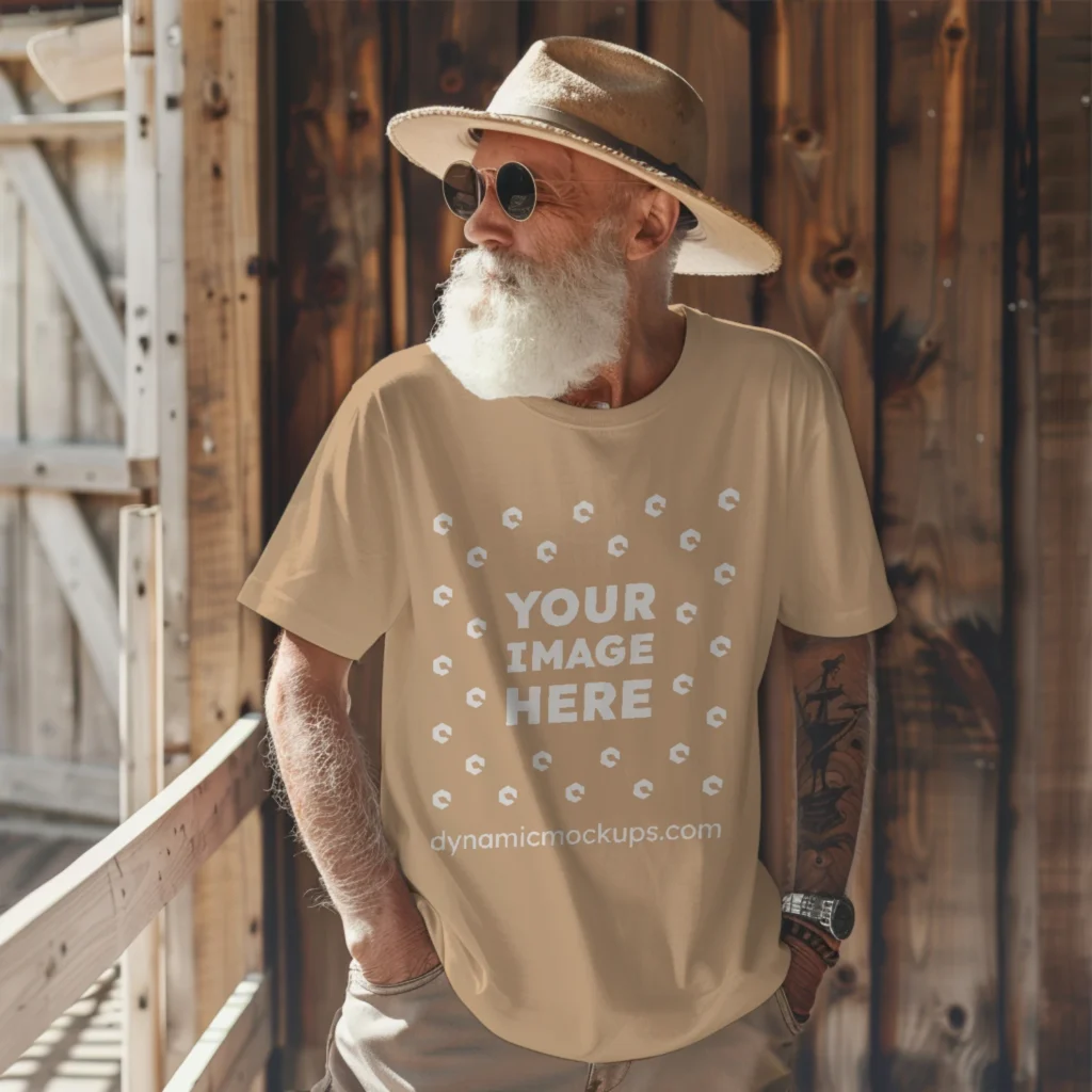 Man Wearing Tan T-shirt Mockup Front View Template