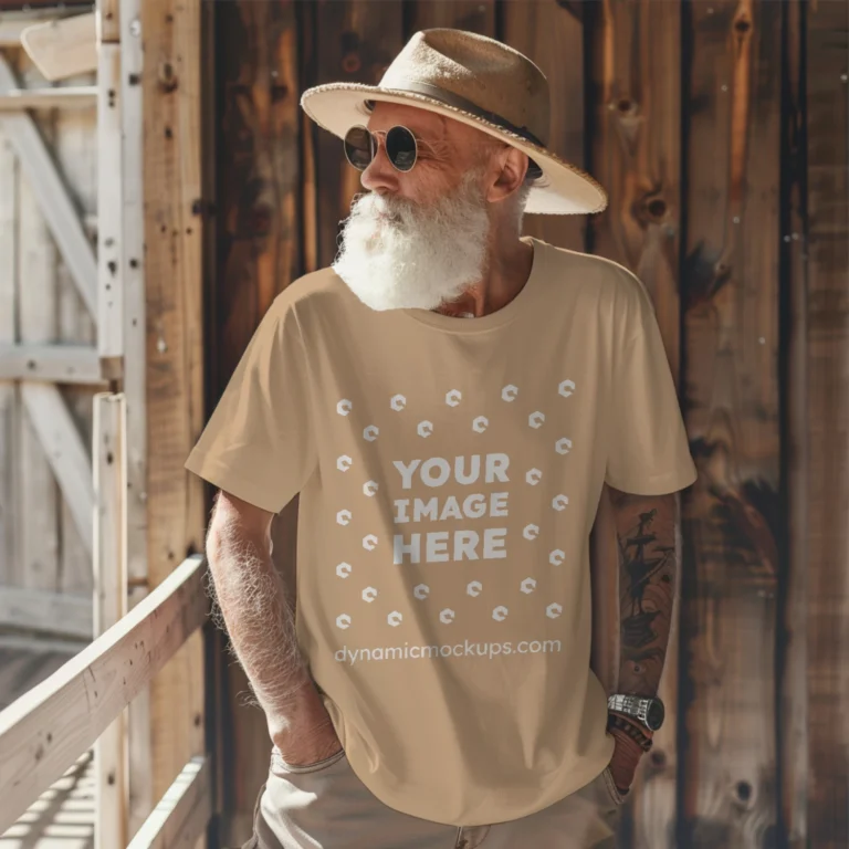 Man Wearing Tan T-shirt Mockup Front View Template