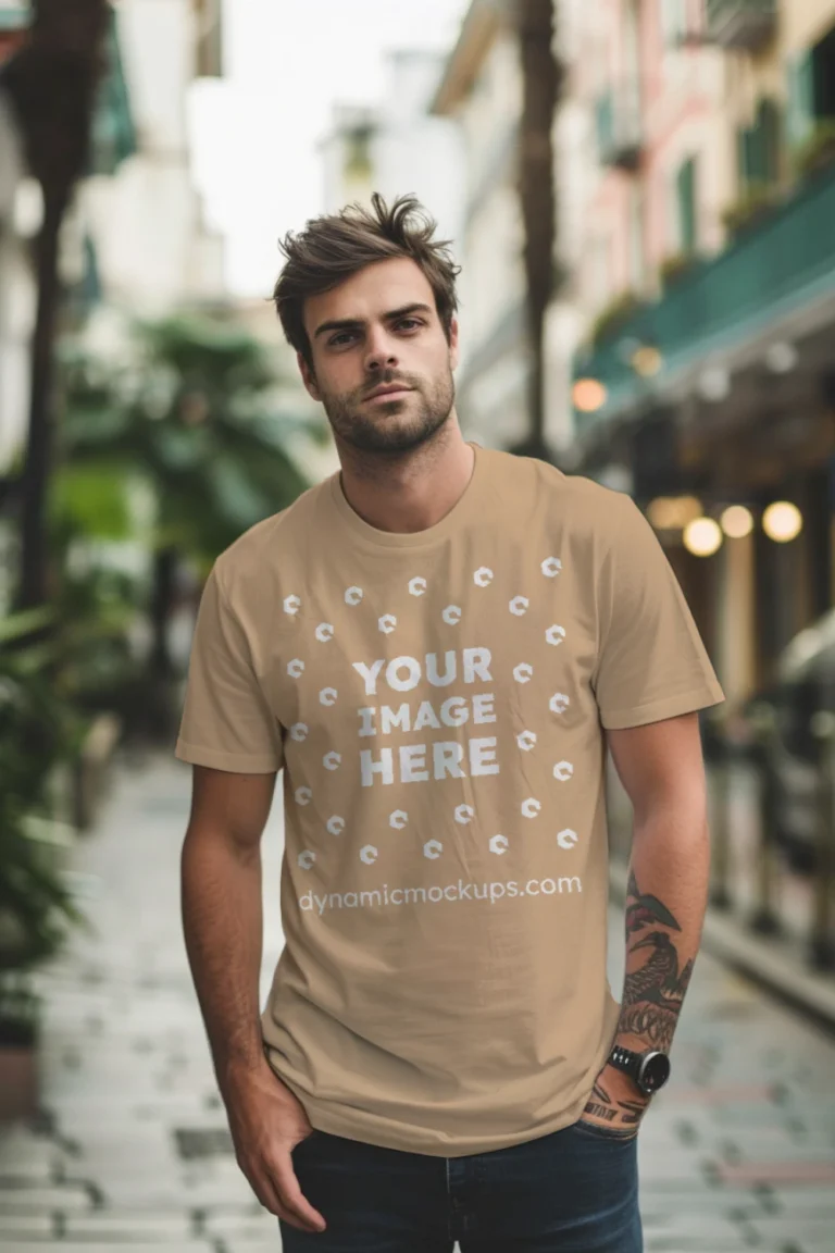 Man Wearing Tan T-shirt Mockup Front View Template