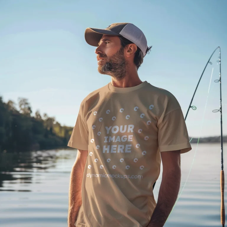 Man Wearing Tan T-shirt Mockup Front View Template