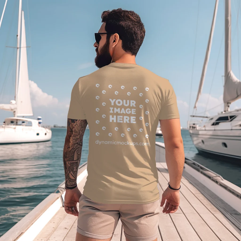 Man Wearing Tan T-shirt Mockup Front View Template