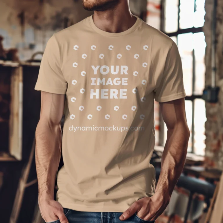 Man Wearing Tan T-shirt Mockup Front View Template