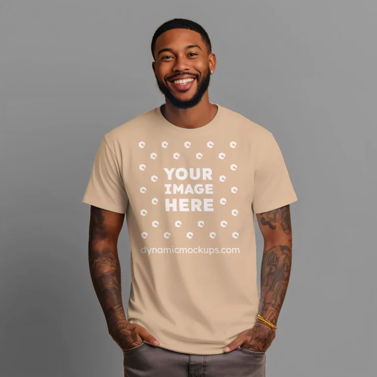 Man Wearing Tan T-shirt Mockup Front View Template