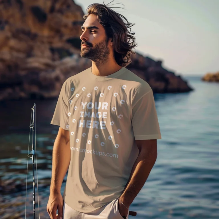 Man Wearing Tan T-shirt Mockup Front View Template