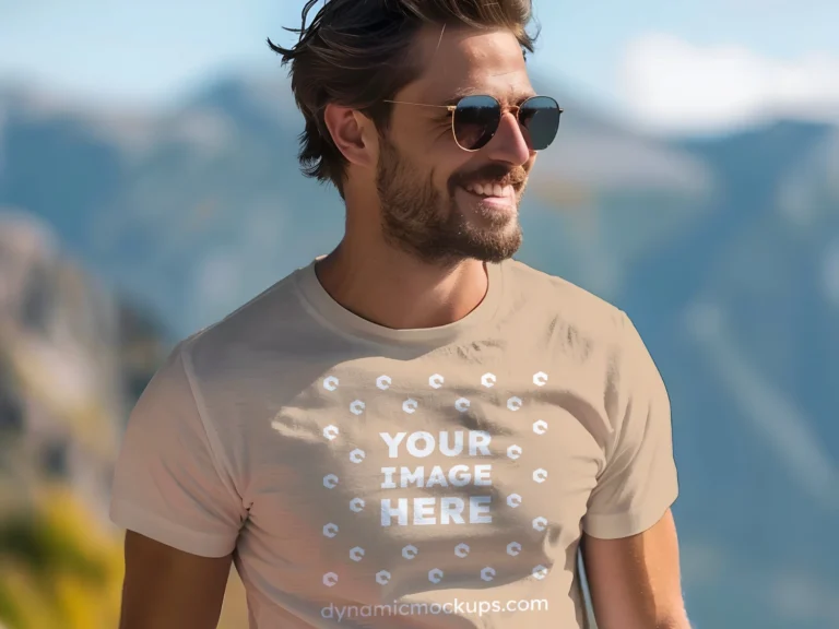 Man Wearing Tan T-shirt Mockup Front View Template