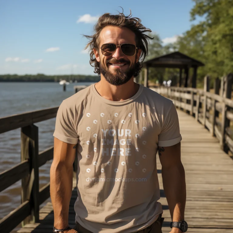 Man Wearing Tan T-shirt Mockup Front View Template