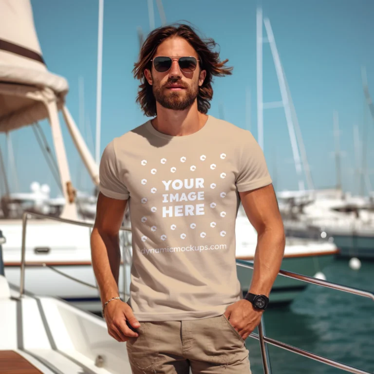 Man Wearing Tan T-shirt Mockup Front View Template