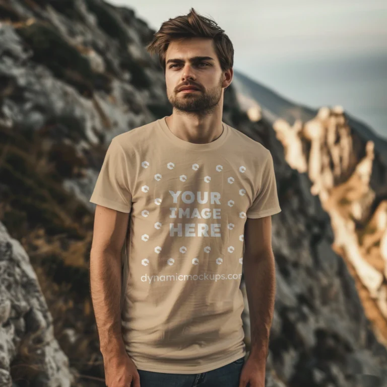 Man Wearing Tan T-shirt Mockup Front View Template