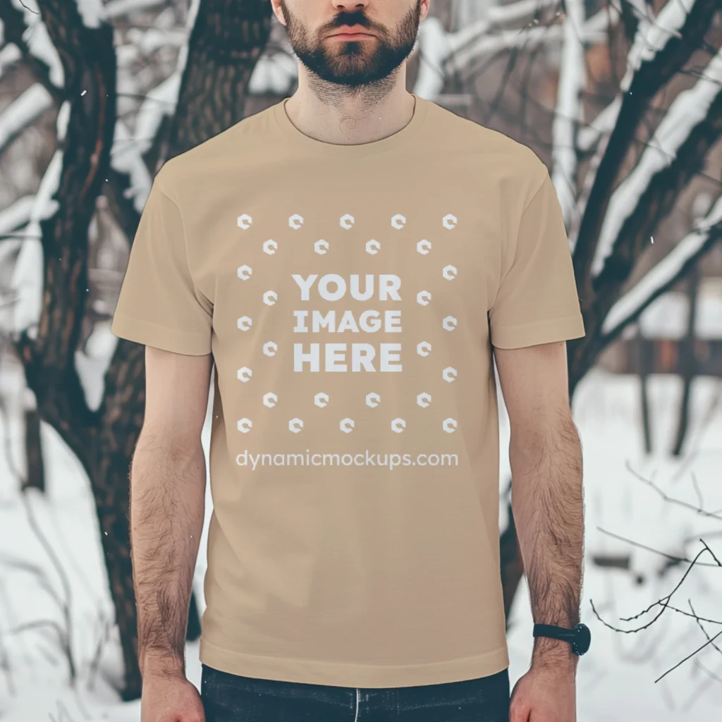 Man Wearing Tan T-shirt Mockup Front View Template