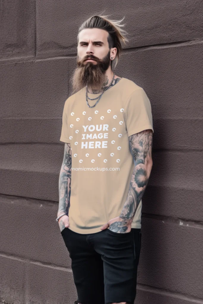 Man Wearing Tan T-shirt Mockup Front View Template