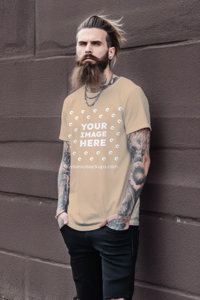 Man Wearing Tan T-shirt Mockup Front View Template