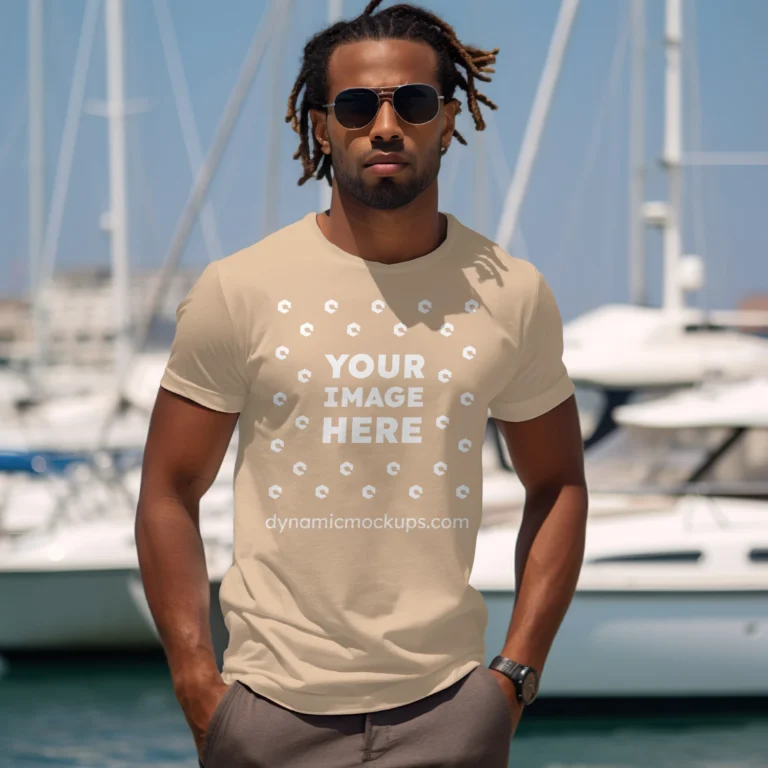 Man Wearing Tan T-shirt Mockup Front View Template