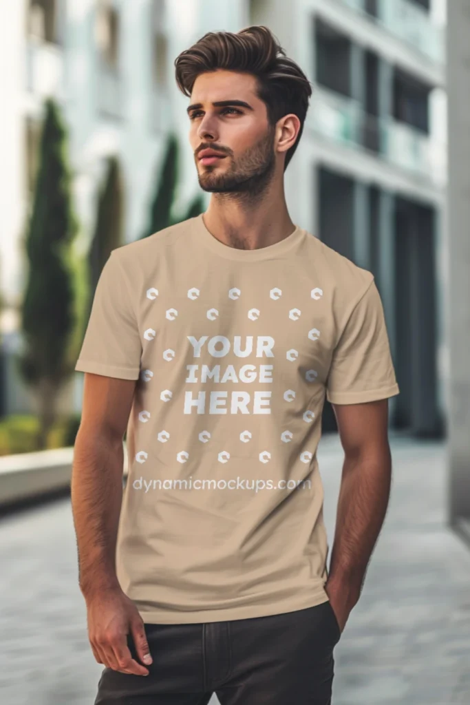 Man Wearing Tan T-shirt Mockup Front View Template