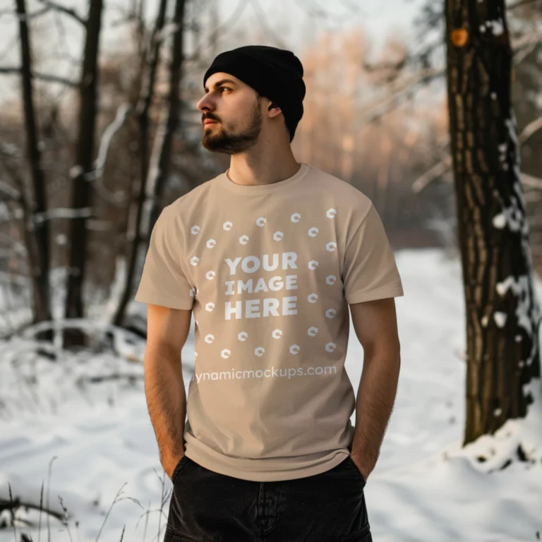 Man Wearing Tan T-shirt Mockup Front View Template