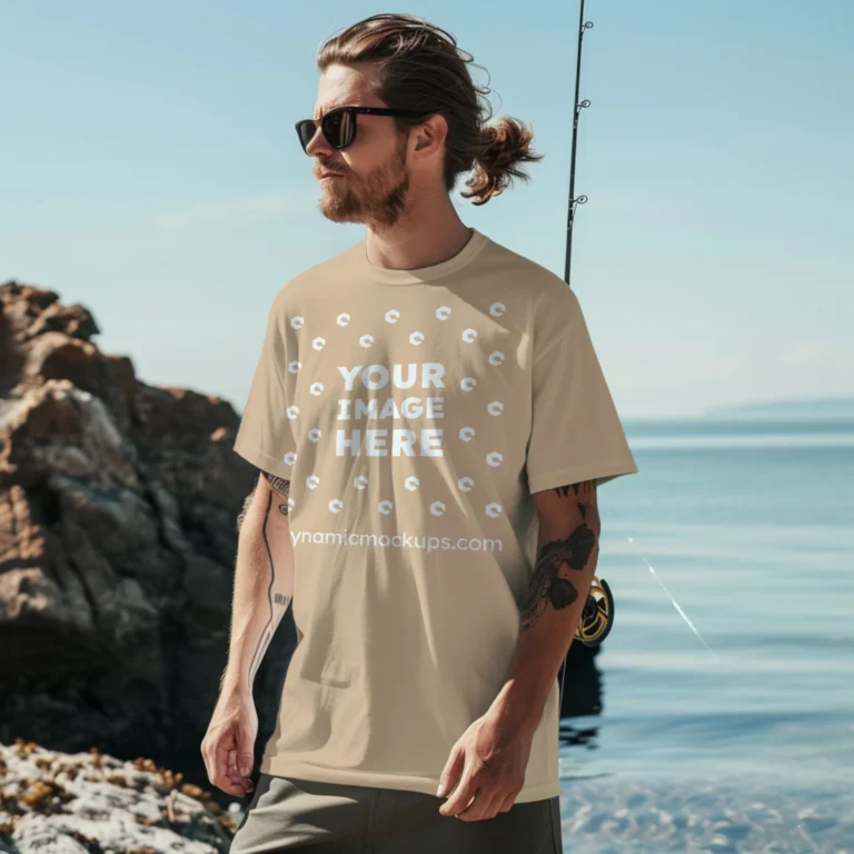 Man Wearing Tan T-shirt Mockup Front View Template